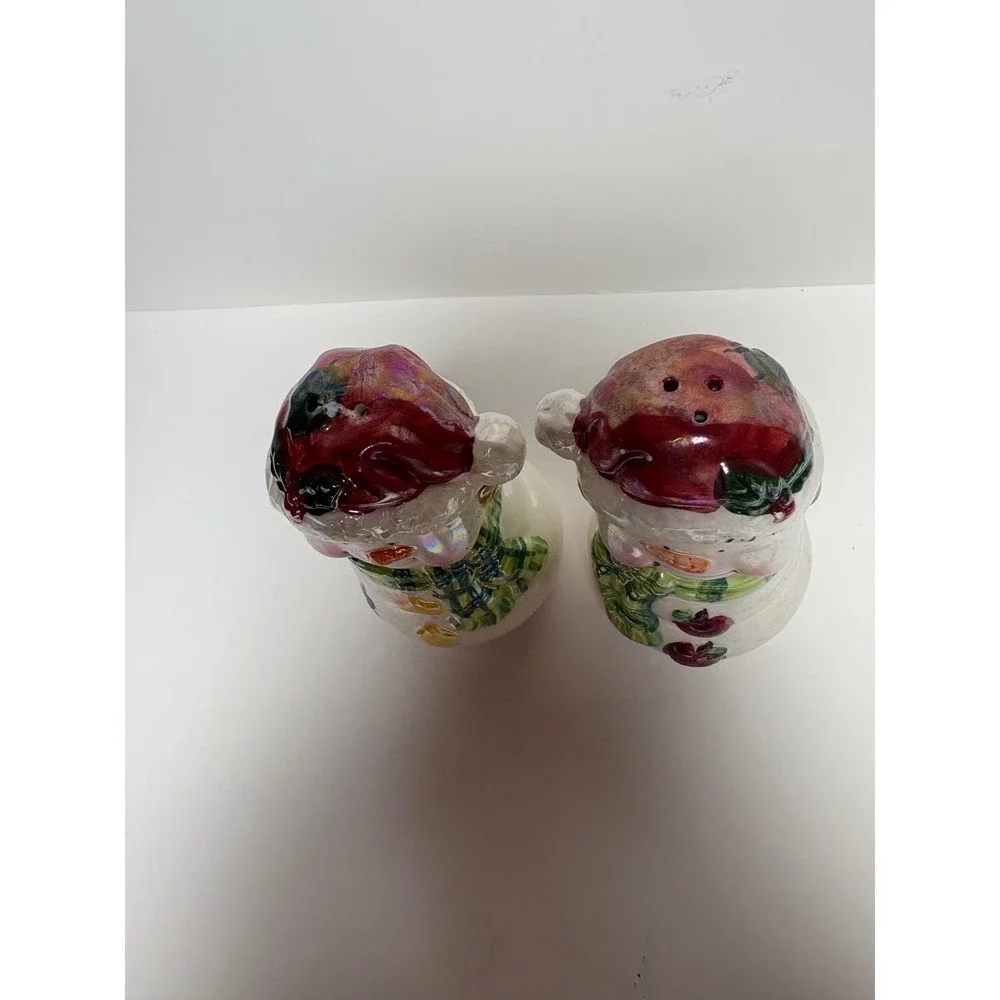 Snowman Salt and Pepper Shaker Set Iridescent Christmas Holiday Decor Ceramic